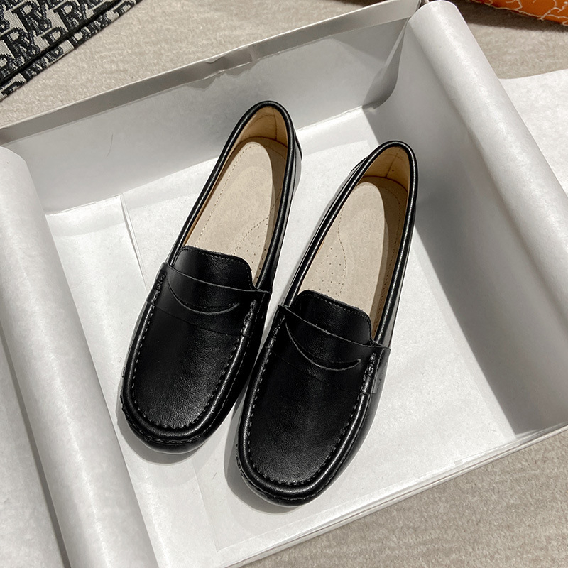 Ženski loafers, korejskog stila, zaobljeni nos, vanjski materijal: druga klasa teleće kože, ravna potplata, gumeni potplat