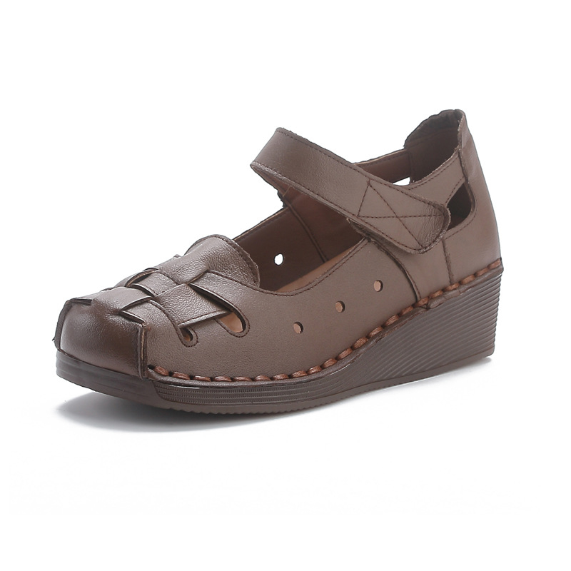 Ženske retro sandale na platformi od kože prvog sloja teleće, Velcro zatvaranje, EVA uložak, ručno šivana potplata, srednja visina potpetice 3–5 cm
