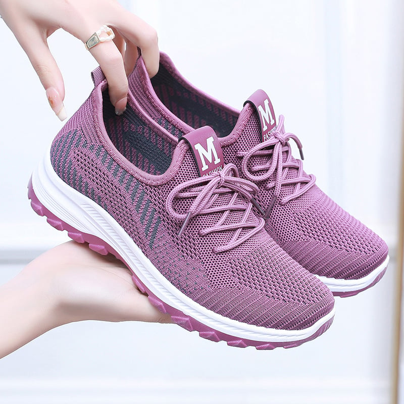 Ženske slip-on tenisice od tekstila s Flyknjim gornjim dijelom i gumom; prozračna i protuklizna, okrugli vrh, niski plosnati potpetica 1-3 cm, pogodne za svakodnevno nošenje u proljeće, ljeto i jesen