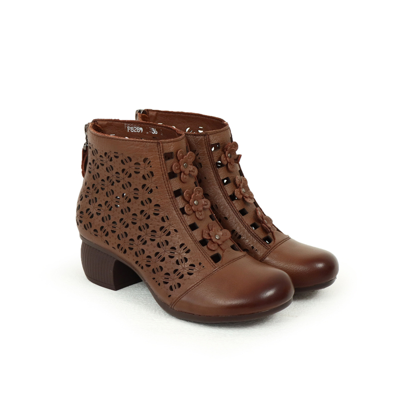 Ženske cipele od prave kože s retro dizajnom, perforacije, stražnji zatvarač, protuklizna gumena potplat, srednji potpetica 3–5 cm