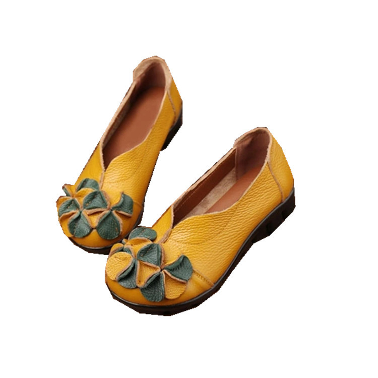 Ženske kožne mokasine u etničkom stilu, okrugli vrh, gumena potplata, niski potpetica 1–3 cm