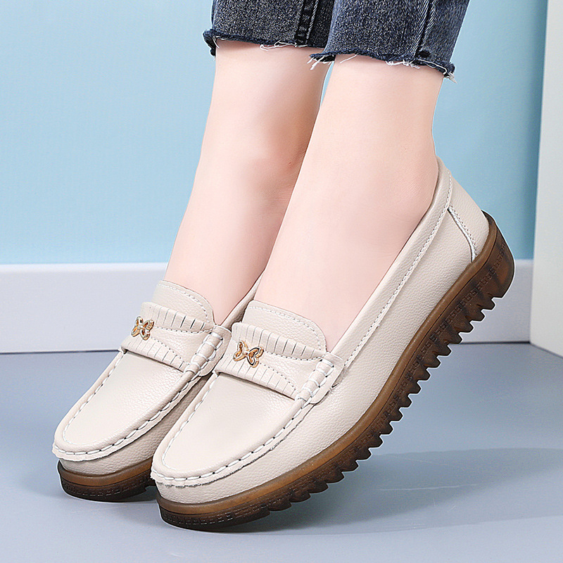 Ženske minimalističke loafer s okruglim vrhom, gornji dio od dviju slojeva teleće kože, ulošak od prirodne kože, TPR potplat, nizak potplat 1–3 cm, casual slip-on obuća