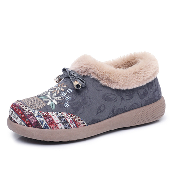 Ženske pamučne slip-on cipele s ušivenim cvjetnim motivom, zimskom toplom podlogom, niski kroj, PVC potplata