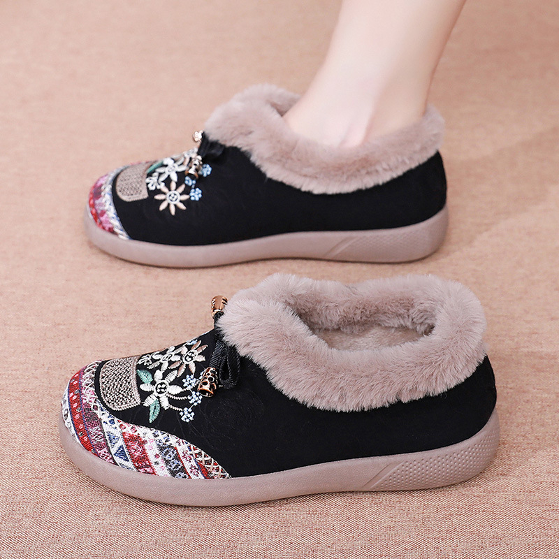 Ženske pamučne slip-on cipele s ušivenim cvjetnim motivom, zimskom toplom podlogom, niski kroj, PVC potplata