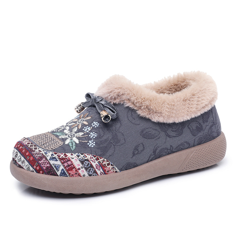 Ženske pamučne slip-on cipele s ušivenim cvjetnim motivom, zimskom toplom podlogom, niski kroj, PVC potplata