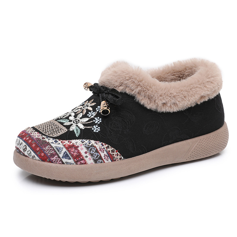 Ženske pamučne slip-on cipele s ušivenim cvjetnim motivom, zimskom toplom podlogom, niski kroj, PVC potplata