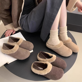Ženske nubuk slip-on cipele s podstavom od umjetnog pliša, okrugli vrh, gumeni potplat, retro stil, jesen 2024