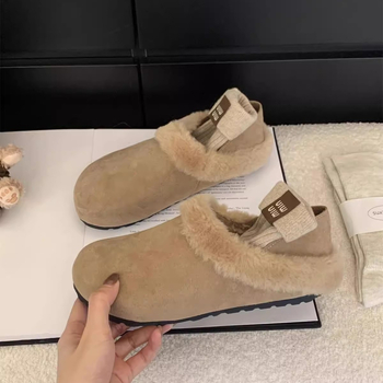 Ženske nubuk slip-on cipele s podstavom od umjetnog pliša, okrugli vrh, gumeni potplat, retro stil, jesen 2024