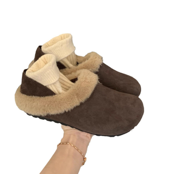 Ženske nubuk slip-on cipele s podstavom od umjetnog pliša, okrugli vrh, gumeni potplat, retro stil, jesen 2024