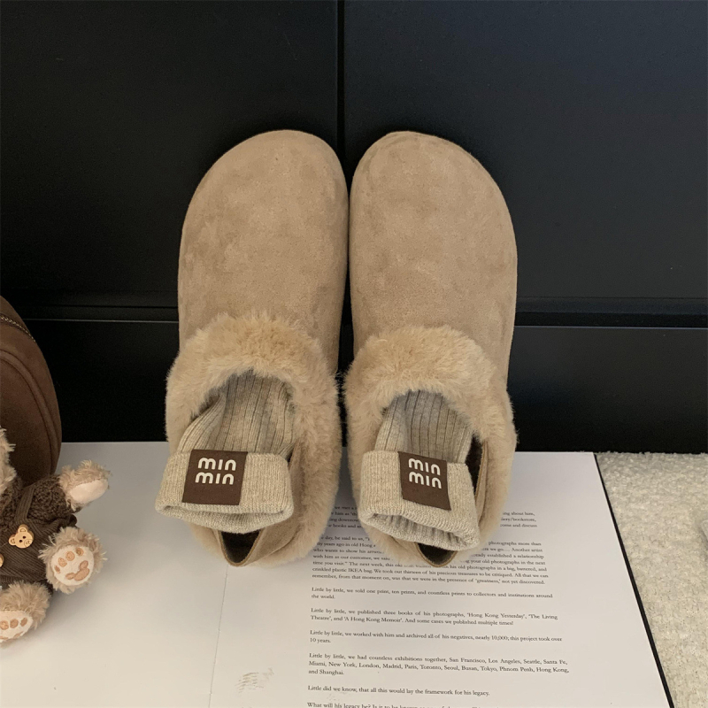 Ženske nubuk slip-on cipele s podstavom od umjetnog pliša, okrugli vrh, gumeni potplat, retro stil, jesen 2024