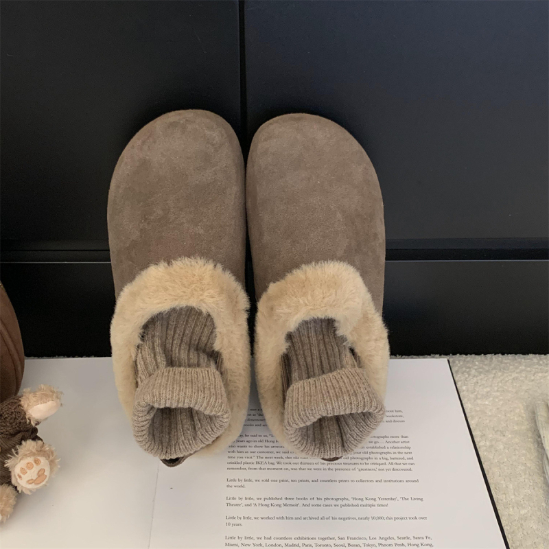 Ženske nubuk slip-on cipele s podstavom od umjetnog pliša, okrugli vrh, gumeni potplat, retro stil, jesen 2024