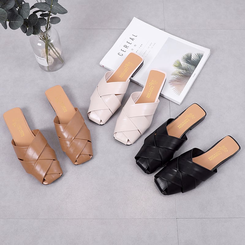 Ženske Baotou papuče, korejski stil, ljetni model, gornji materijal PU, jednobojne, unutarnji materijal: korteks, ravna peta