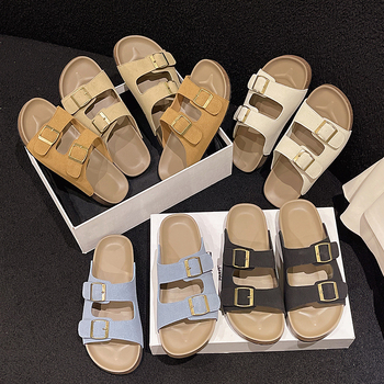 Sandale s debelim potplatom u Birkenstock stilu, gornji dio od platna, gumena potplata, mrežasti uzorak, unutarnja podstava od tkanine