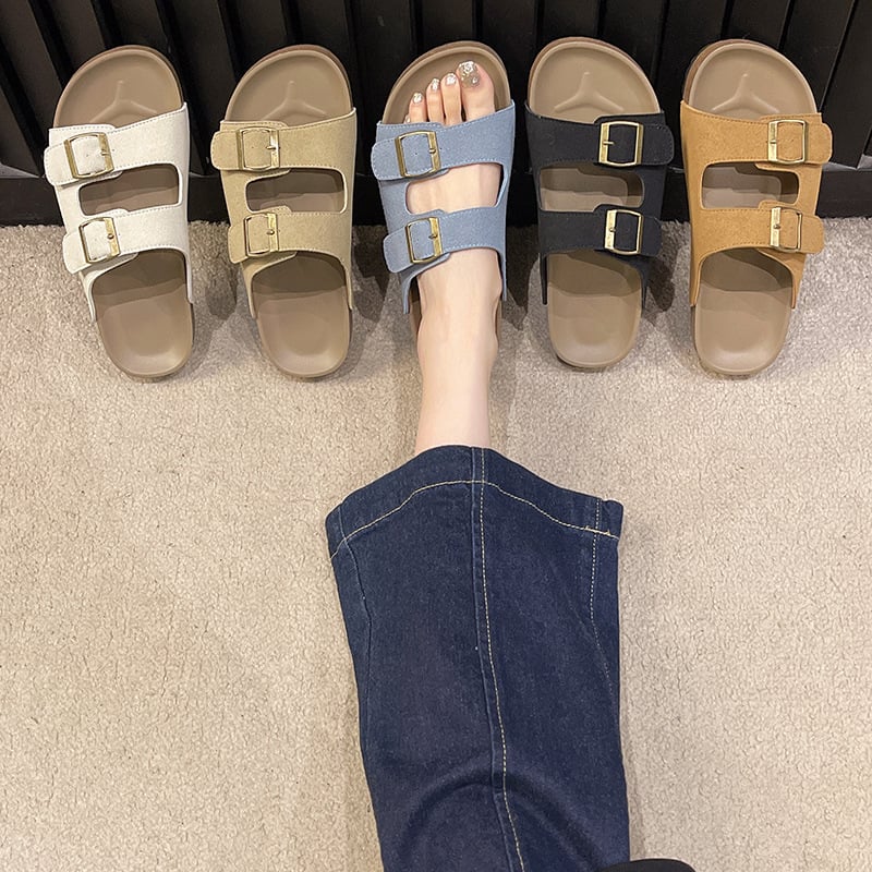 Sandale s debelim potplatom u Birkenstock stilu, gornji dio od platna, gumena potplata, mrežasti uzorak, unutarnja podstava od tkanine