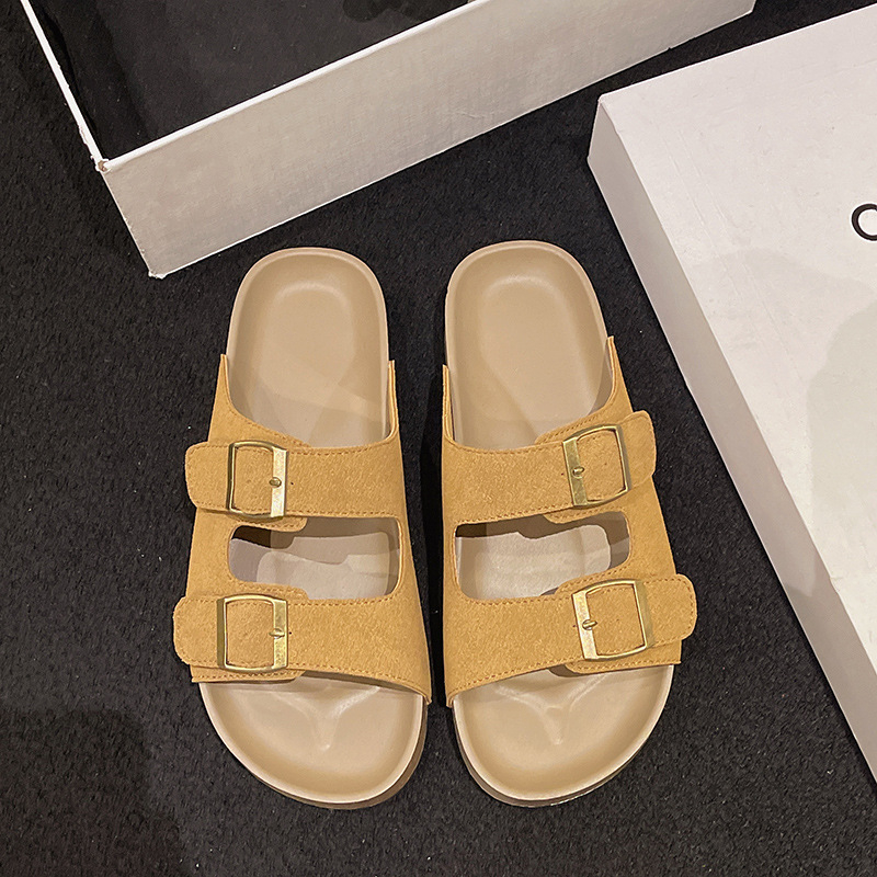 Sandale s debelim potplatom u Birkenstock stilu, gornji dio od platna, gumena potplata, mrežasti uzorak, unutarnja podstava od tkanine