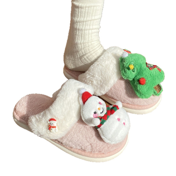 Женски пантофи за вкъщи – карикатурен Дядо Коледа дизайн, велурена горна част, памучна подплата, гумена подметка с антихлъзгаща повърхност