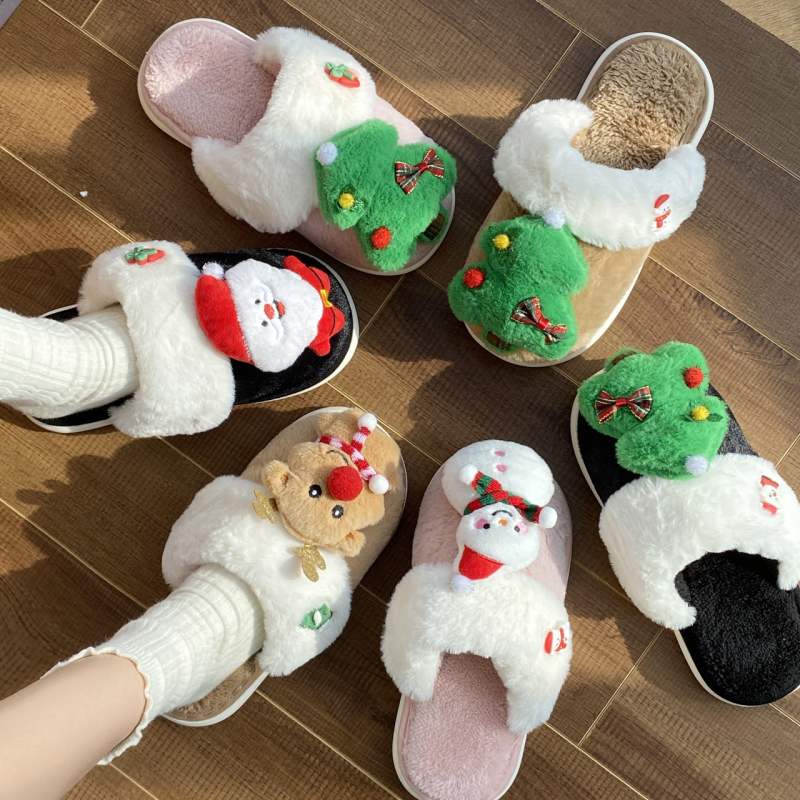 Женски пантофи за вкъщи – карикатурен Дядо Коледа дизайн, велурена горна част, памучна подплата, гумена подметка с антихлъзгаща повърхност