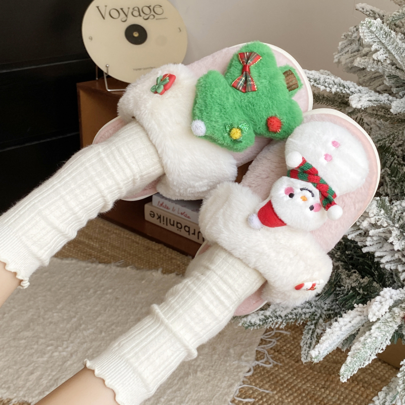 Женски пантофи за вкъщи – карикатурен Дядо Коледа дизайн, велурена горна част, памучна подплата, гумена подметка с антихлъзгаща повърхност