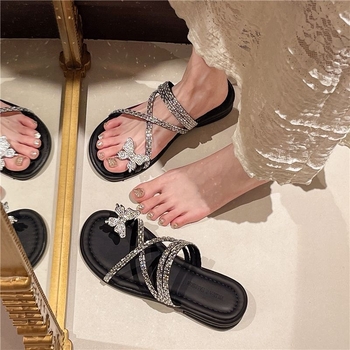 Sandale cu pietre la degete pentru femei | talpă plată, suprafață din plastic, talpă PVC, antiderapant, vară 2025