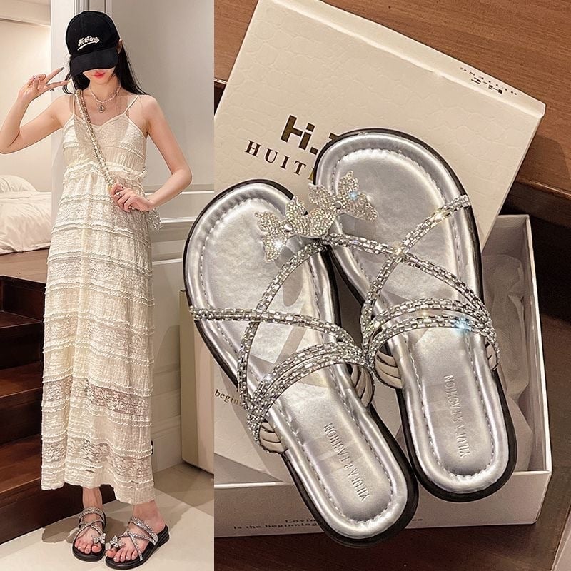 Sandale cu pietre la degete pentru femei | talpă plată, suprafață din plastic, talpă PVC, antiderapant, vară 2025