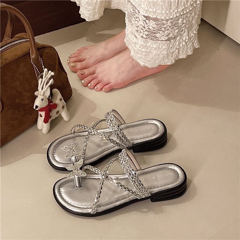 Sandale cu pietre la degete pentru femei | talpă plată, suprafață din plastic, talpă PVC, antiderapant, vară 2025