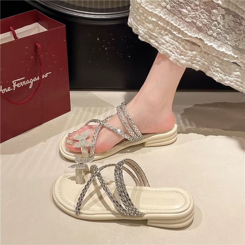 Sandale cu pietre la degete pentru femei | talpă plată, suprafață din plastic, talpă PVC, antiderapant, vară 2025