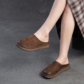 Papuci Bucken pentru femei, din piele de vită naturală, căptușeală PU, talpă din cauciuc, grosime talpă 3–5 cm, purtare zilnică