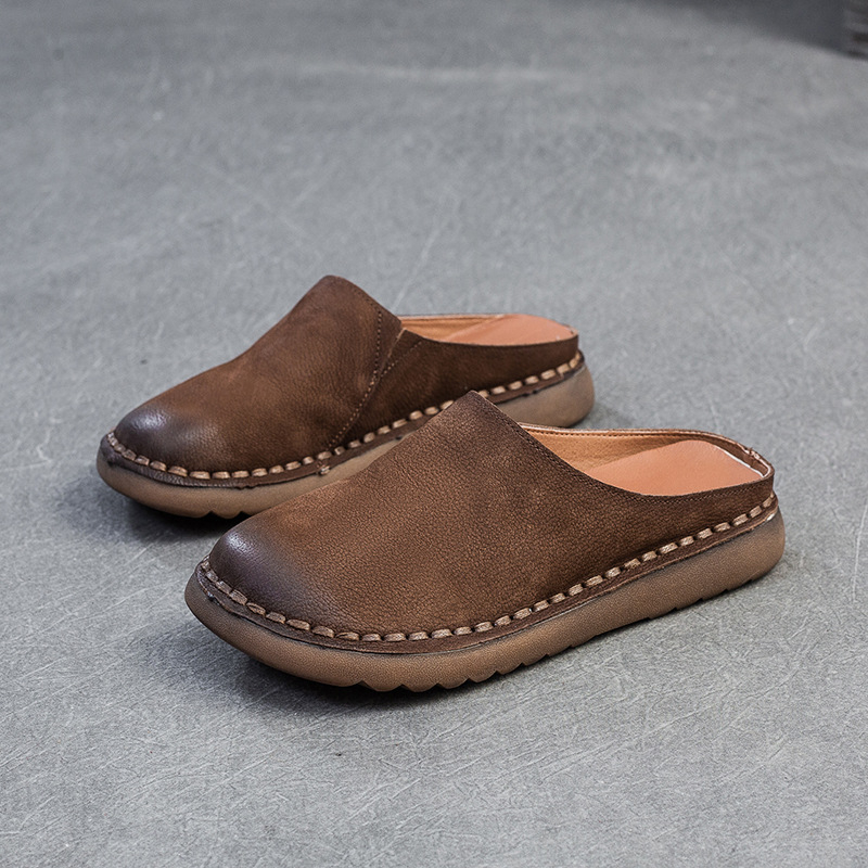 Papuci Bucken pentru femei, din piele de vită naturală, căptușeală PU, talpă din cauciuc, grosime talpă 3–5 cm, purtare zilnică