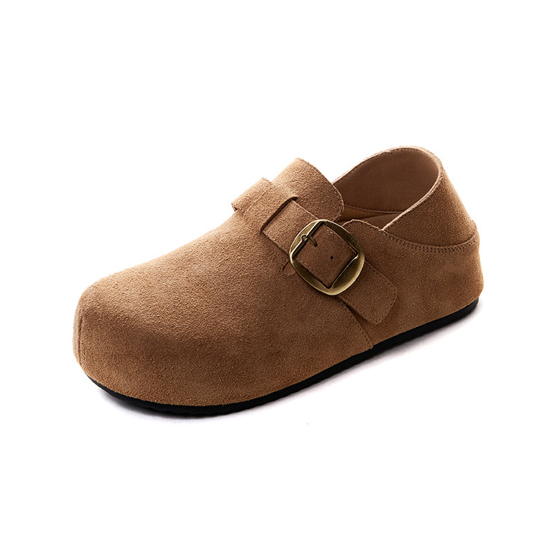Ženski mule s gornjim dijelom od kože, zaobljenim vrhom, gumenom potplatom, minimalistički stil