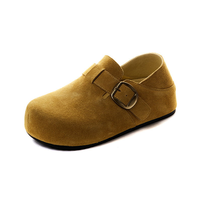 Ženski mule s gornjim dijelom od kože, zaobljenim vrhom, gumenom potplatom, minimalistički stil