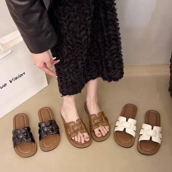 Ženske ravne sandale, gornji dio PU, potplat od gume, slip-on, monohromni dizajn, debljina potplata 0–3 cm