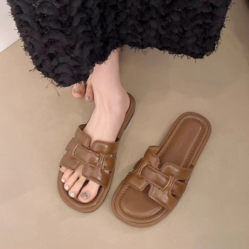 Ženske ravne sandale, gornji dio PU, potplat od gume, slip-on, monohromni dizajn, debljina potplata 0–3 cm