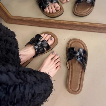 Ženske ravne sandale, gornji dio PU, potplat od gume, slip-on, monohromni dizajn, debljina potplata 0–3 cm