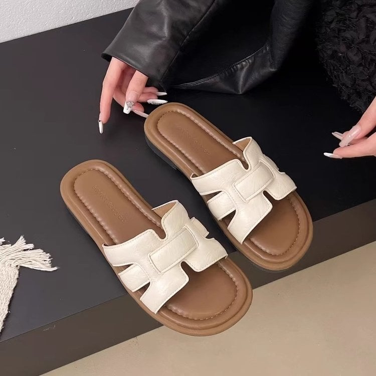 Ženske ravne sandale, gornji dio PU, potplat od gume, slip-on, monohromni dizajn, debljina potplata 0–3 cm