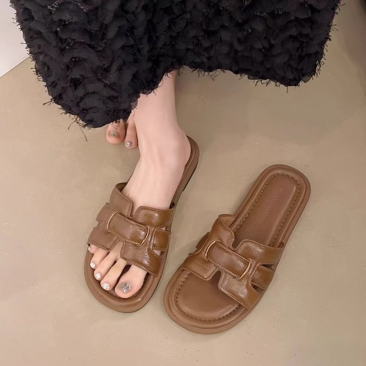 Ženske ravne sandale, gornji dio PU, potplat od gume, slip-on, monohromni dizajn, debljina potplata 0–3 cm