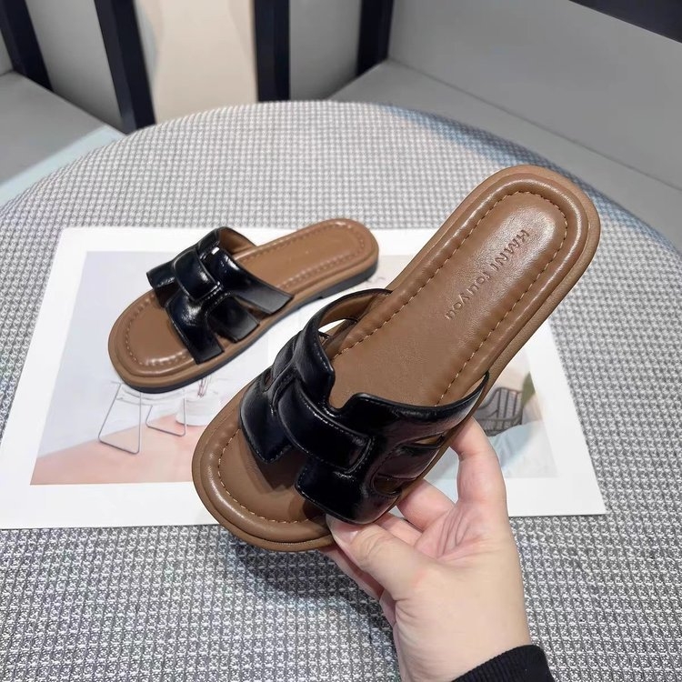 Ženske ravne sandale, gornji dio PU, potplat od gume, slip-on, monohromni dizajn, debljina potplata 0–3 cm