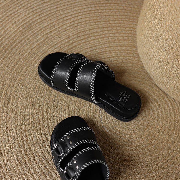 Ženske sandale s debelom potplatom, slip-on, s dvostrukom kopčom remena, gornji dio od bivolje kože, gumena potplata, ljeto 2025