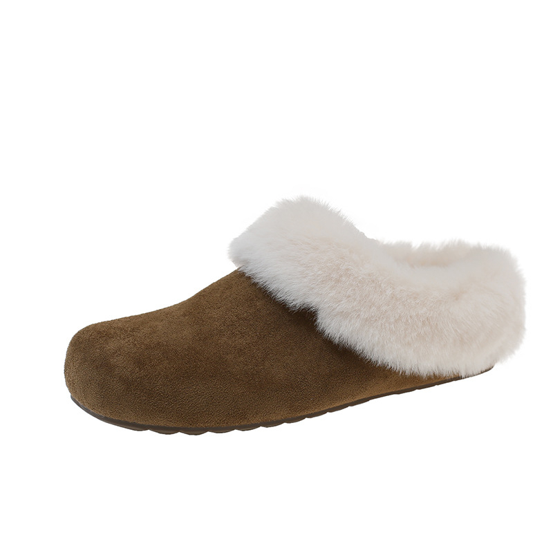 Ženske papuče u Birkenstock stilu s gornjim dijelom od nubuka, unutrašnjost od umjetnog kratkog pliša, slip-on s ravnom potplatom i složenom potplatom, za svakodnevnu uporabu (jesen 2025)