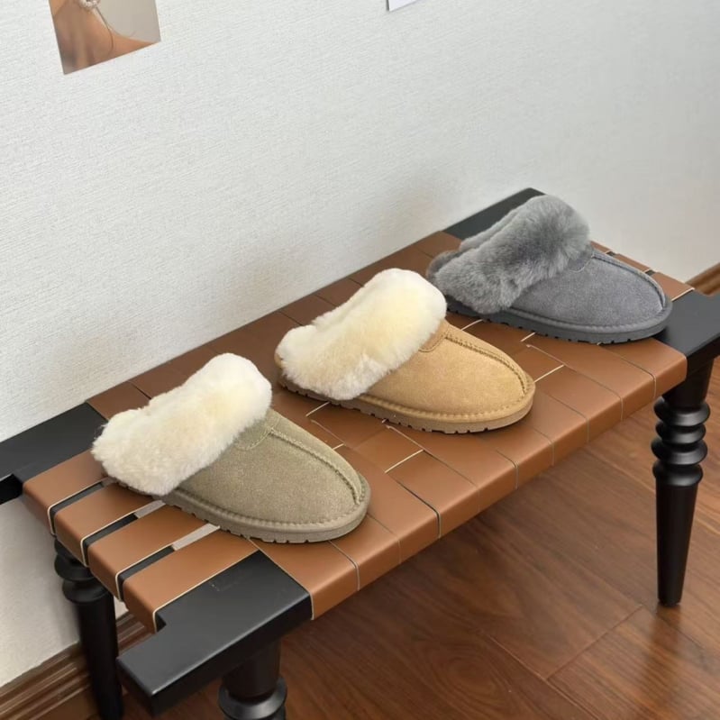 Kućne papuče od teleće kože, s umjetnom vunom, potplat od teleće tetive, debljina potplata 0–3 cm, ležerni stil, SGS-certified