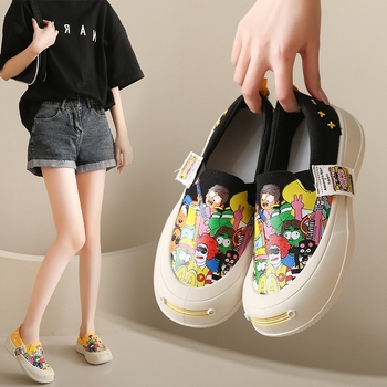 Ženske lazy shoes s platnenim gornjim dijelom, cartoon uzorak, gumena potplat, muffin petom, srednja visina pete 3-5 cm
