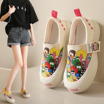 Ženske lazy shoes s platnenim gornjim dijelom, cartoon uzorak, gumena potplat, muffin petom, srednja visina pete 3-5 cm