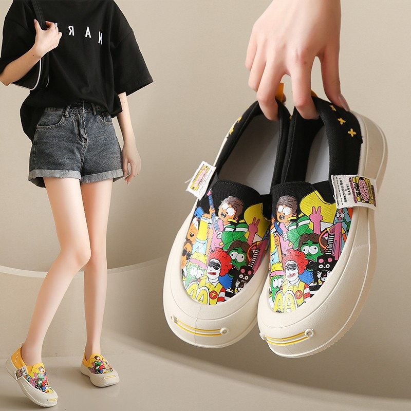 Ženske lazy shoes s platnenim gornjim dijelom, cartoon uzorak, gumena potplat, muffin petom, srednja visina pete 3-5 cm