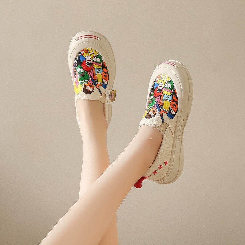 Ženske lazy shoes s platnenim gornjim dijelom, cartoon uzorak, gumena potplat, muffin petom, srednja visina pete 3-5 cm