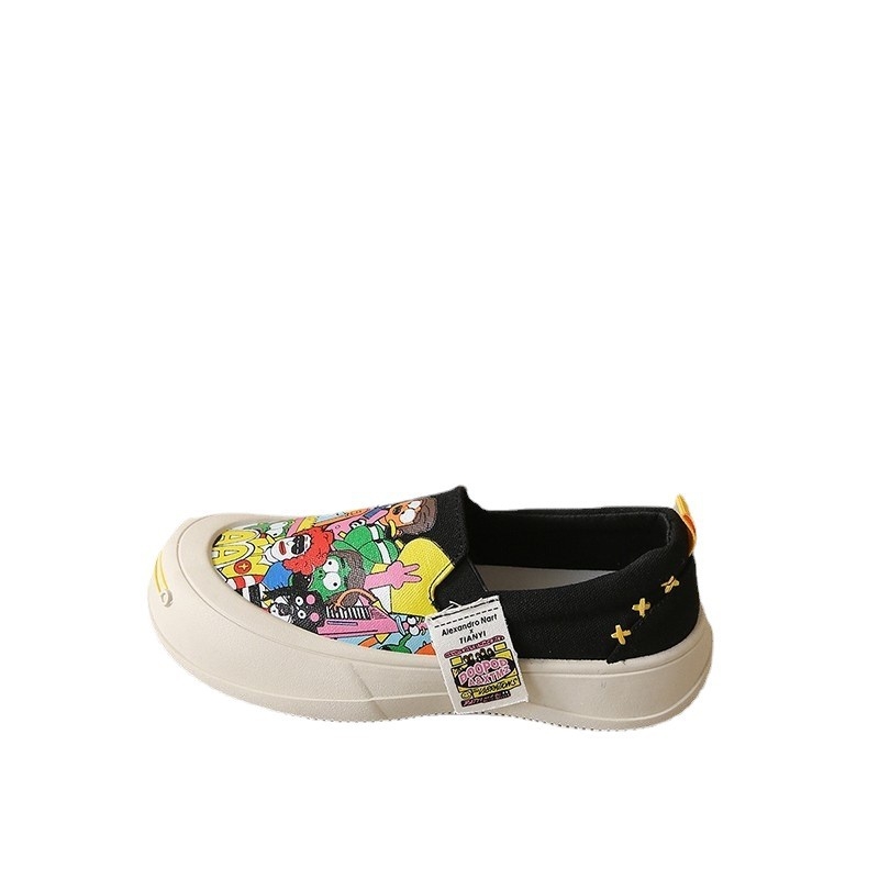 Ženske lazy shoes s platnenim gornjim dijelom, cartoon uzorak, gumena potplat, muffin petom, srednja visina pete 3-5 cm