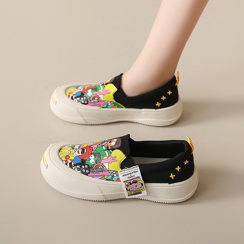 Ženske lazy shoes s platnenim gornjim dijelom, cartoon uzorak, gumena potplat, muffin petom, srednja visina pete 3-5 cm