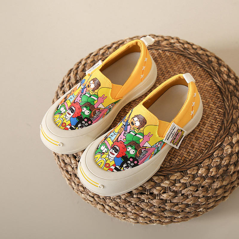 Ženske lazy shoes s platnenim gornjim dijelom, cartoon uzorak, gumena potplat, muffin petom, srednja visina pete 3-5 cm