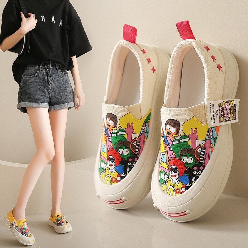 Ženske lazy shoes s platnenim gornjim dijelom, cartoon uzorak, gumena potplat, muffin petom, srednja visina pete 3-5 cm