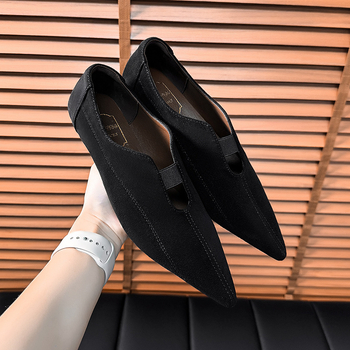 Cipele s uskim nosom, slip-on, gornji dio od platna, PU đon, podstava od ovčje kože, niska peta (1–3 cm)