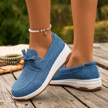 Ženske loafers od platna, okrugla špička, prednje vezanje, klinasti potplat, gumeni potplat