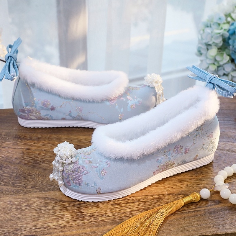 Zimske Hanfu cipele za žene, kineski Ming stil, platnene cipele s vezicama, niski gornji dio, umjetna pliš, potplat od tele tendon, visina peta 3-5 cm